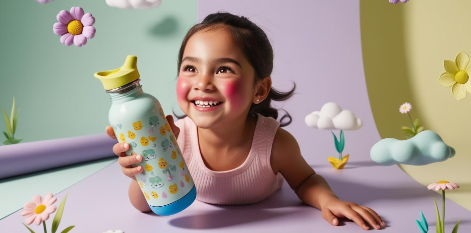 Vidám gyerek színes mintás kulaccsal a kezében, letisztult természetes háttér előtt.