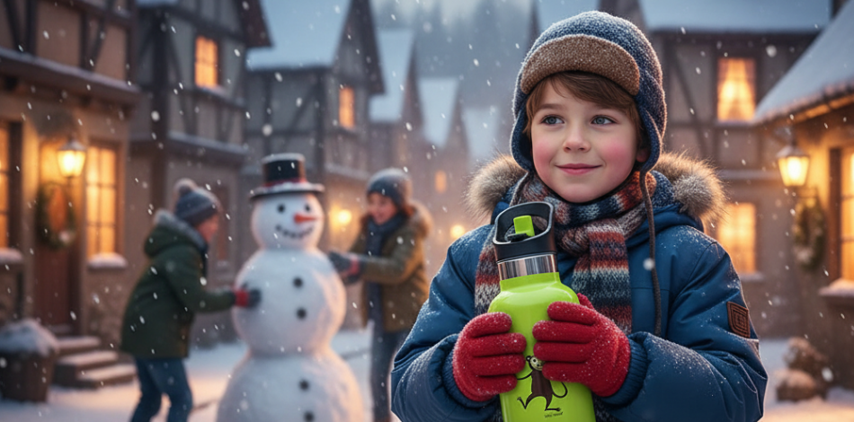 carl oscar rozsdamentes termosz egy kisfiú kezében, téli táj, hóembert építő gyerekek a háttérben