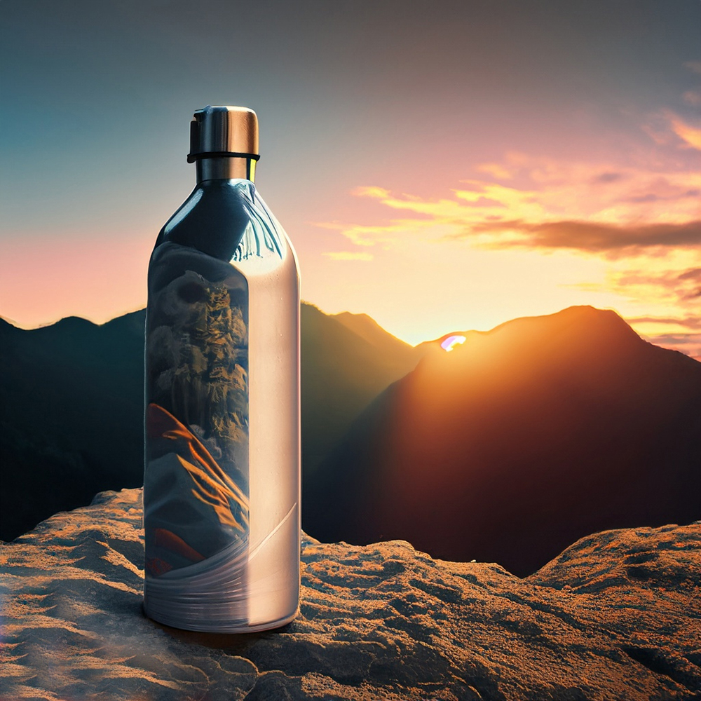 Alúmínium vizes palack sivatagi naplementében