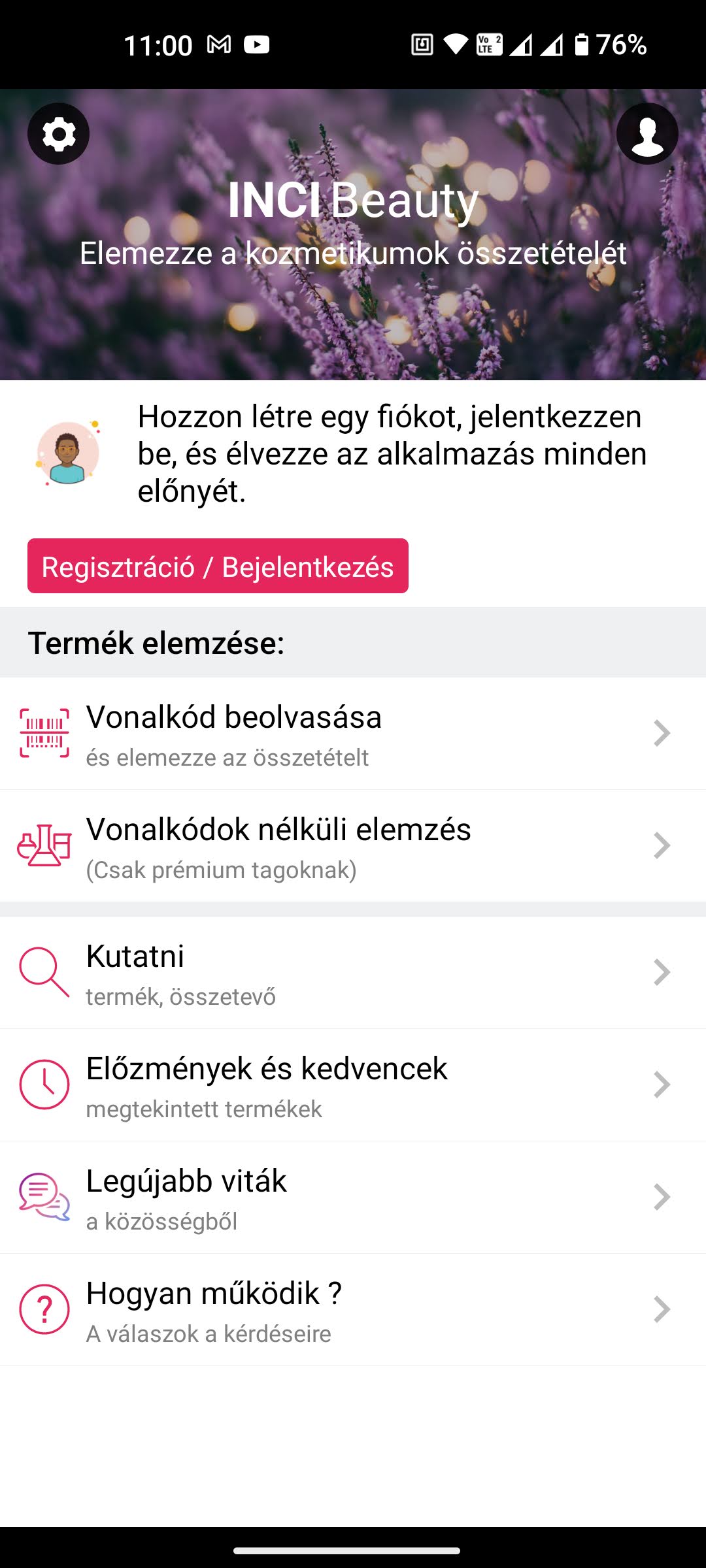 inci beauty applikáció kezdőoldal