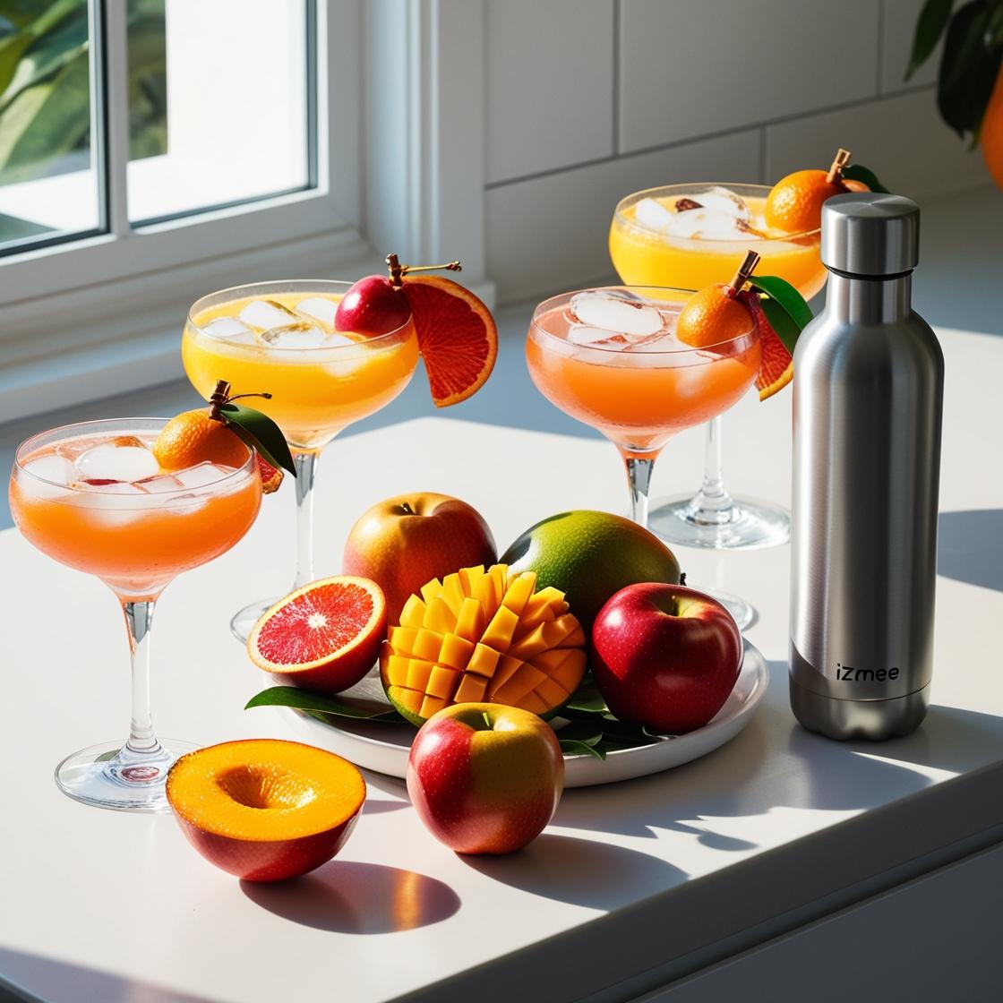 „Egy modern konyhaasztal, rajta színes gyümölcsök, alkoholmentes koktélok, és egy izmee kulacs. 